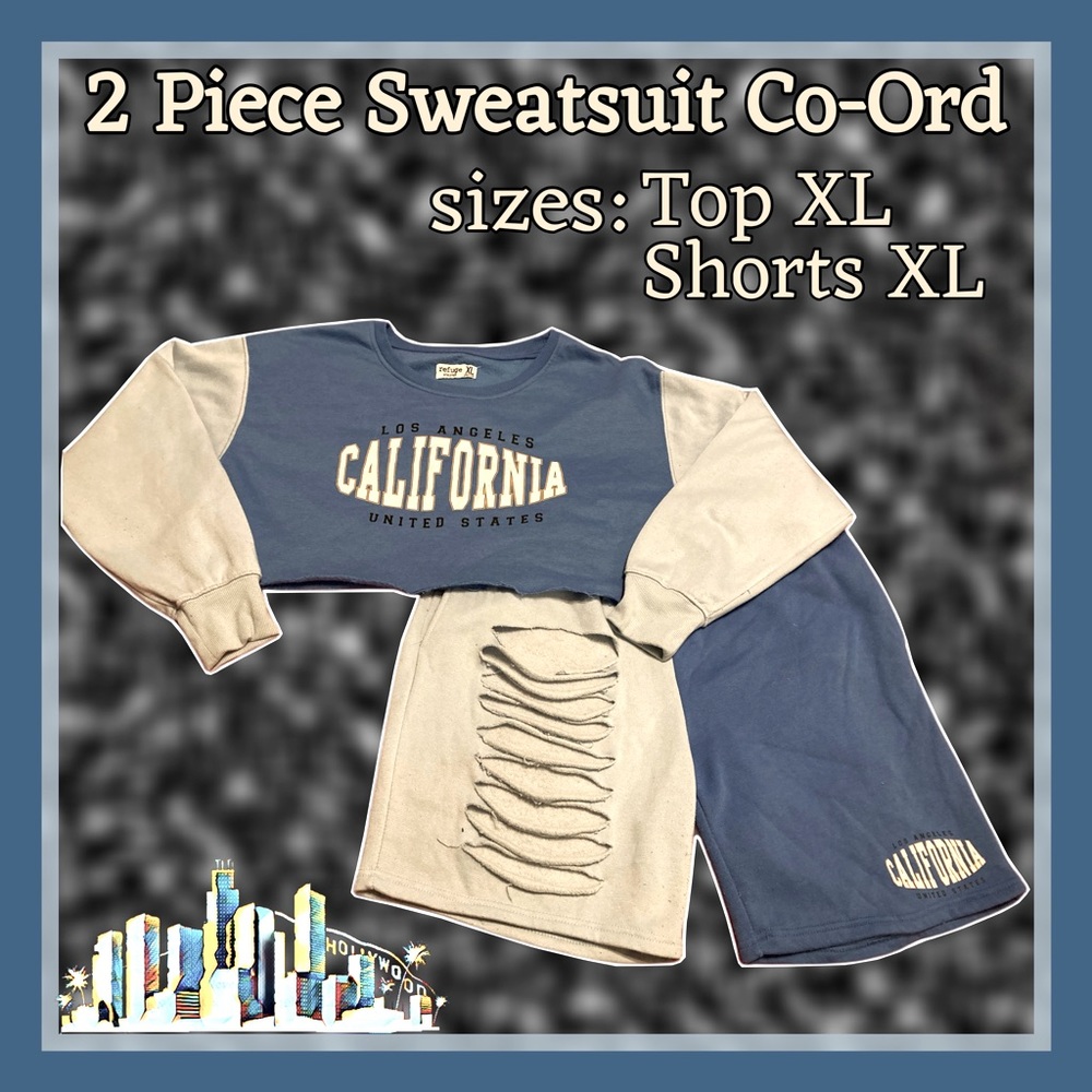 2 PIECE SWEATSHIRT & SWEAT-SHORTS CO-ORD CALIFORNIA BLUE & GREY size XL